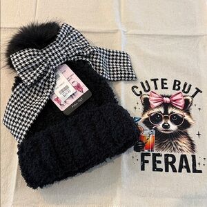 BOW BEANIE Black Beanie with Houndstooth Bow